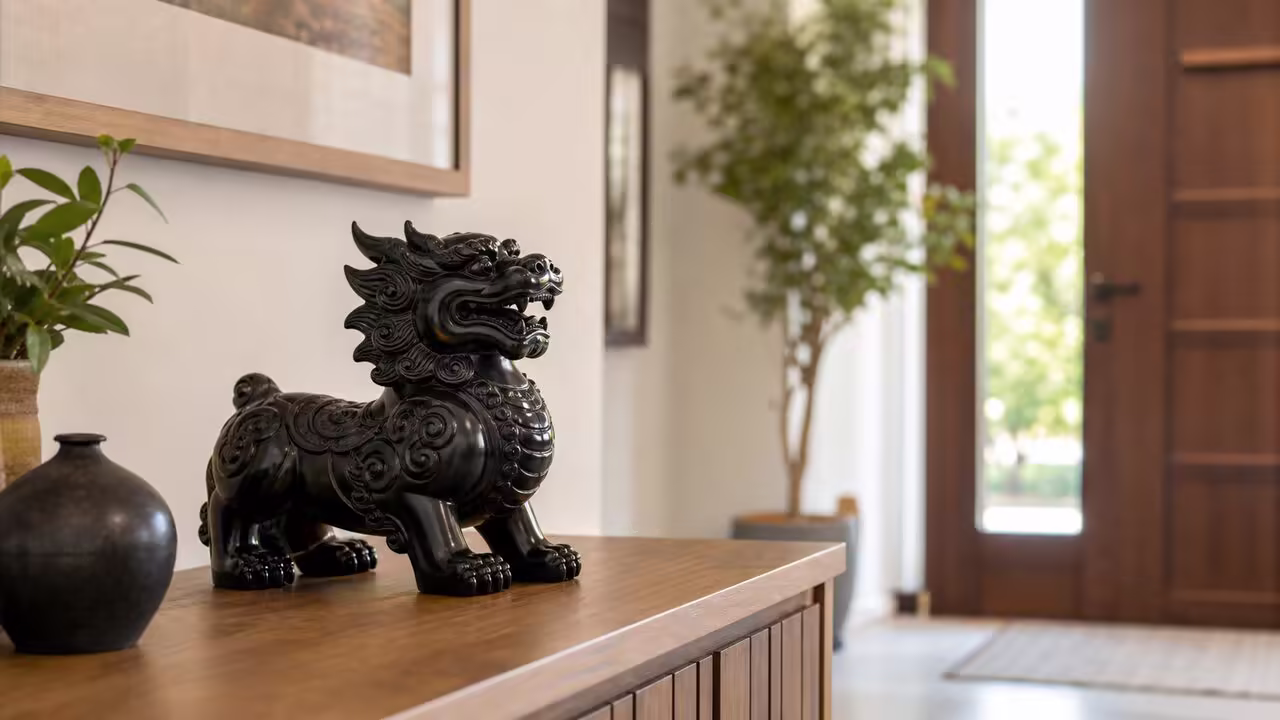 Pixiu Platzierung Eingangsbereich Black Pixiu figurine placed on a wooden entryway console facing the front door