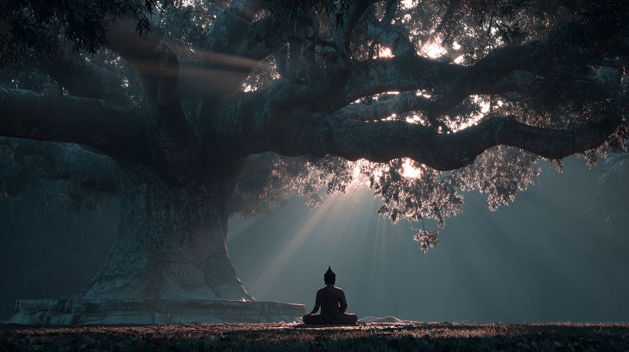 Eine friedliche Darstellung des Buddha, der im Morgengrauen unter einem Bodhi-Baum meditiert.