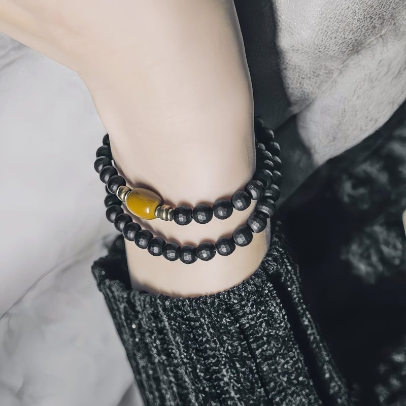 Doppelt gewickeltes Schutzarmband aus mattem Onyx & Topas Frosted Black Onyx Double Wrap Protection Bracelet