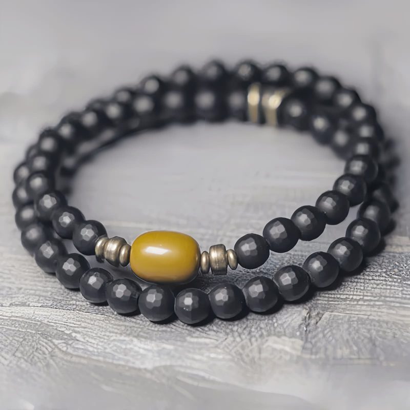 Doppelt gewickeltes Schutzarmband aus mattem Onyx & Topas Frosted Black Onyx Double Wrap Protection Bracelet