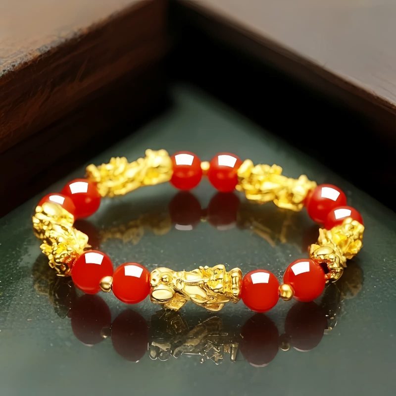 Golden Pixiu Wealth Bracelet with Red Agate Golden Pixiu Wealth Bracelet with Red Agate
