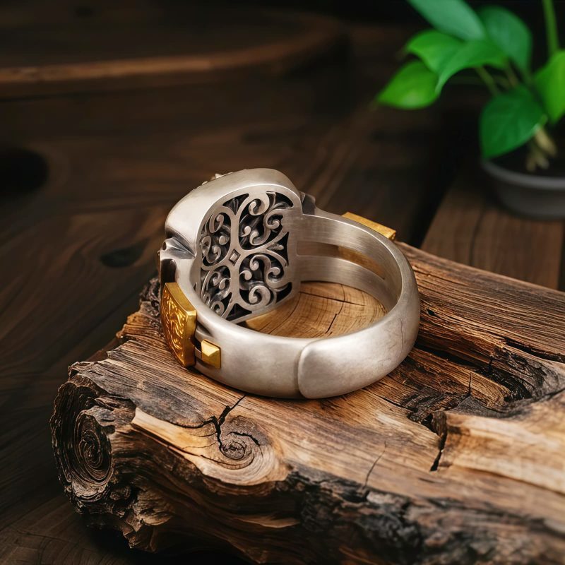 Tibetan 925 Sterling Silver Goddess of Wealth Dzi Bead Ring Tibetan 925 Sterling Silver Goddess of Wealth Dzi Bead Ring
