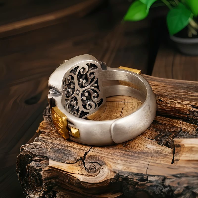 Tibetan 925 Sterling Silver Goddess of Wealth Dzi Bead Ring Tibetan 925 Sterling Silver Goddess of Wealth Dzi Bead Ring