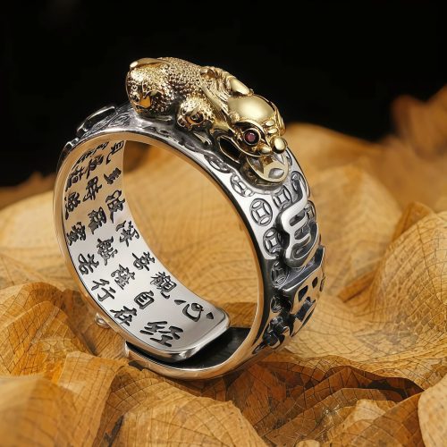 Anillo Tibetano de Plata de Ley 990 con Grabado de PiXiu