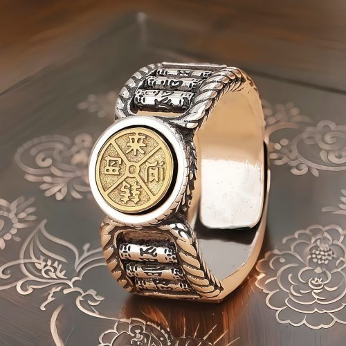Anillo de Cobre Tibetano con Moneda Giratoria y Mantra