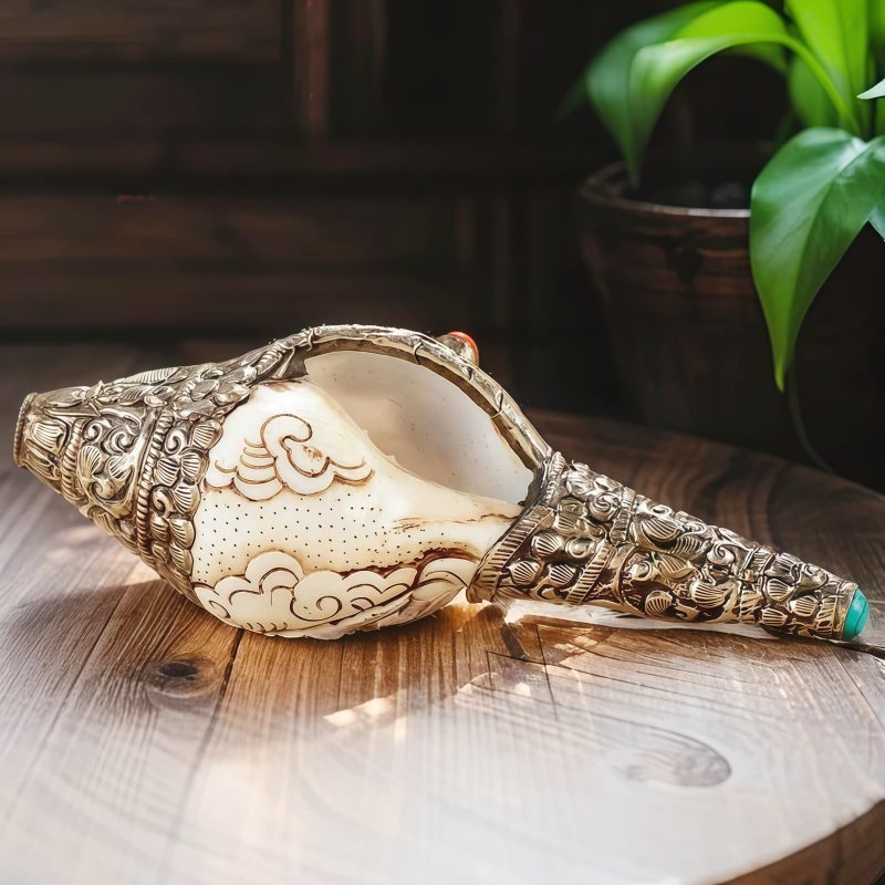 チベット彫刻 法螺貝(シャンカ) 仏教装飾品|招財と精神の静寂 Tibetan Engraved Shankha Buddha Wealth Decor