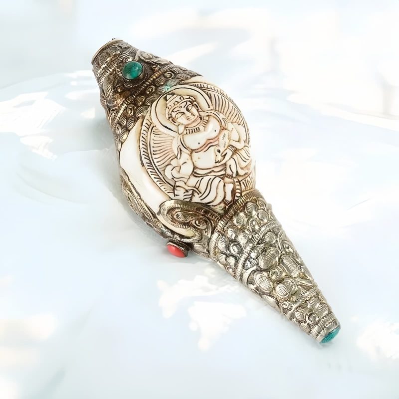 チベット彫刻 法螺貝(シャンカ) 仏教装飾品|招財と精神の静寂 Tibetan Engraved Shankha Buddha Wealth Decor