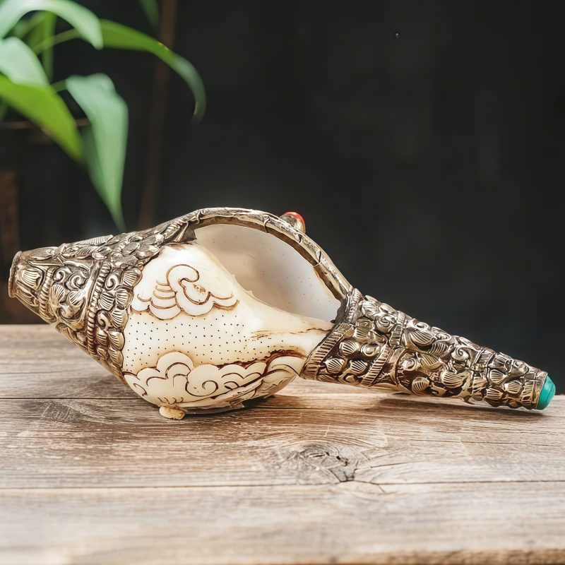 チベット彫刻 法螺貝(シャンカ) 仏教装飾品|招財と精神の静寂 Tibetan Engraved Shankha Buddha Wealth Decor
