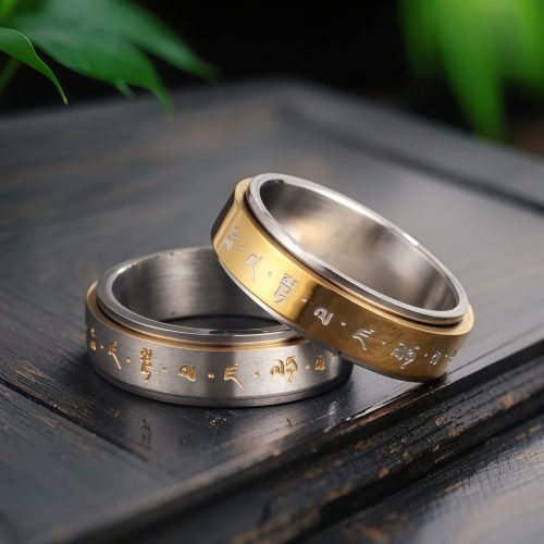 Anillo Giratorio de Acero de Titanio con Mantra Tibetano