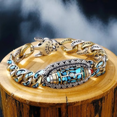 Pulsera Tibetana de Ágata Dzi de Nueve Ojos y Turquesa para Protección