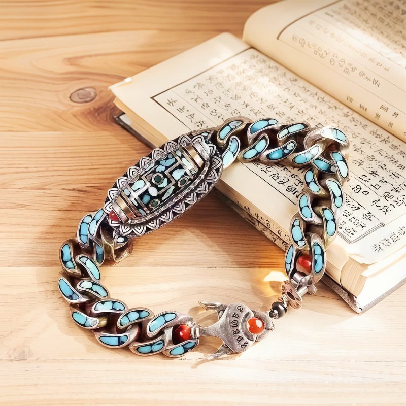 Pulsera Tibetana de Ágata Dzi de Nueve Ojos y Turquesa para Protección Tibetan Nine-Eye Dzi Bead Turquoise Protection Bracelet