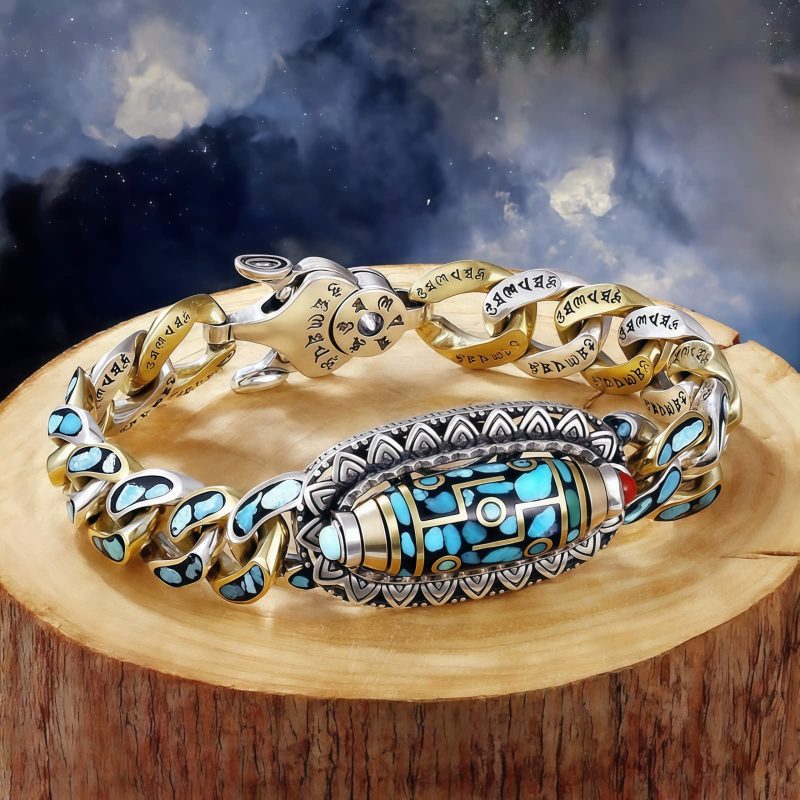 Pulsera Tibetana de Ágata Dzi de Nueve Ojos y Turquesa para Protección Tibetan Nine-Eye Dzi Bead Turquoise Protection Bracelet