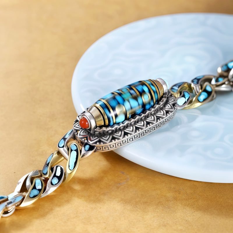 Pulsera Tibetana de Ágata Dzi de Nueve Ojos y Turquesa para Protección Tibetan Nine-Eye Dzi Bead Turquoise Protection Bracelet