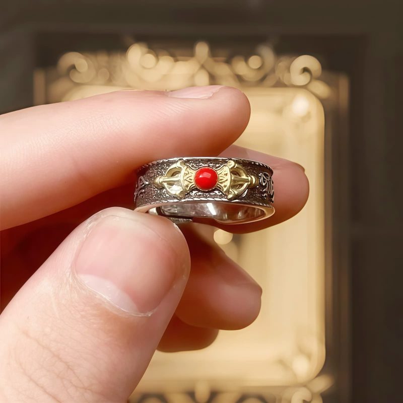 Tibetan Red Agate Dorje Vajra Ring Tibetan Red Agate Dorje Vajra Ring