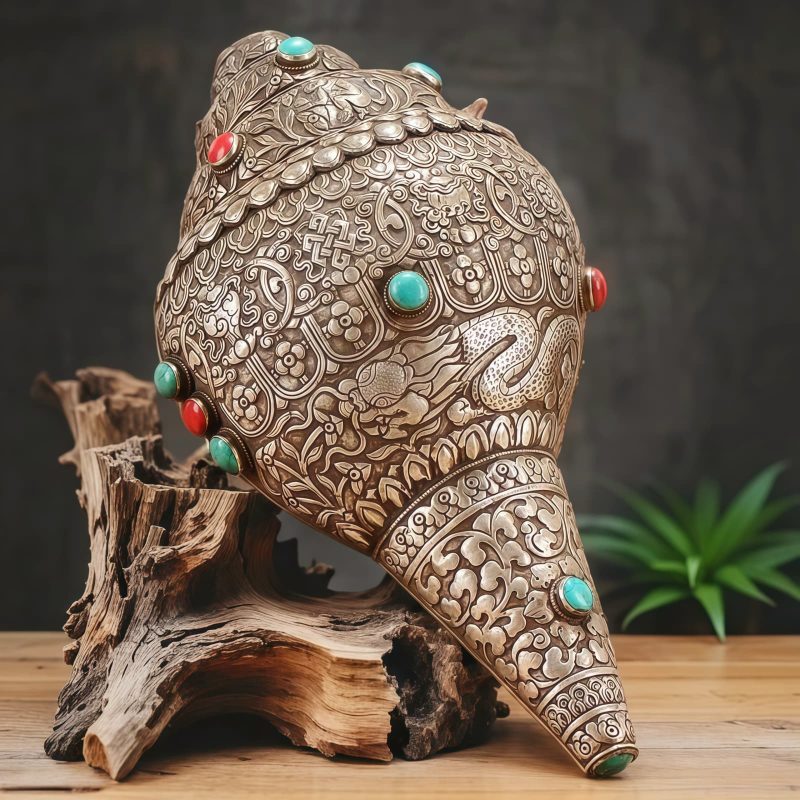吉祥八紋を刻むチベット法螺貝(シャンカ)の装飾品:浄化と繁栄を呼ぶインテリア Tibetan Shankha Conch Shell Home Decoration with Eight Auspicious Symbols