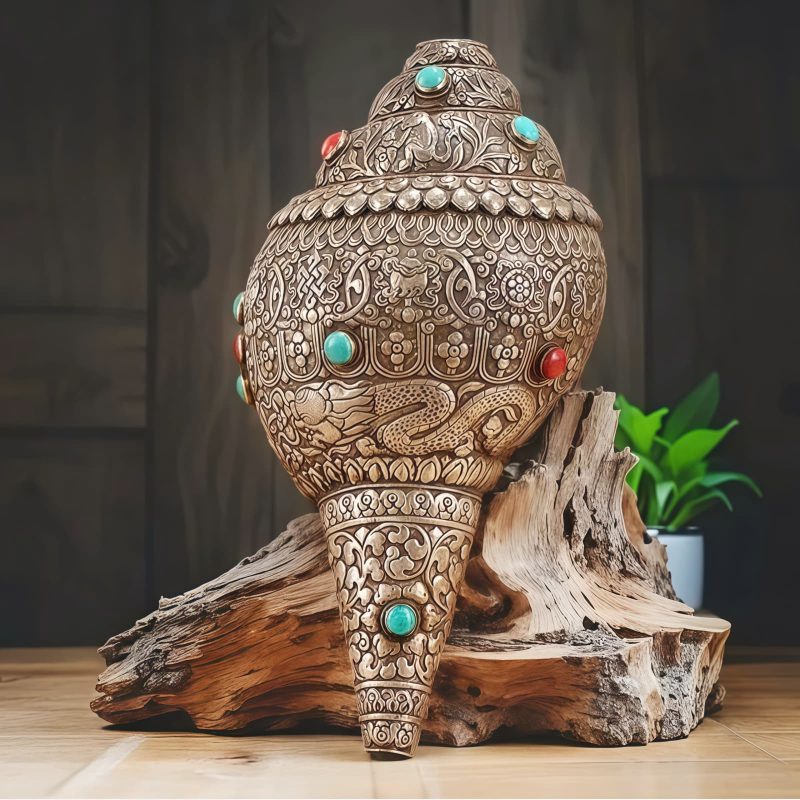 吉祥八紋を刻むチベット法螺貝(シャンカ)の装飾品:浄化と繁栄を呼ぶインテリア Tibetan Shankha Conch Shell Home Decoration with Eight Auspicious Symbols