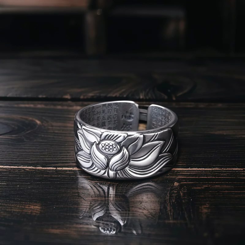Tibetan White Copper Enlightenment Ring with Lotus Tibetan White Copper Enlightenment Ring with Lotus