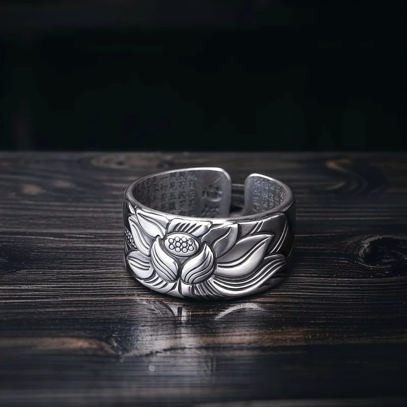Tibetan White Copper Enlightenment Ring with Lotus Tibetan White Copper Enlightenment Ring with Lotus