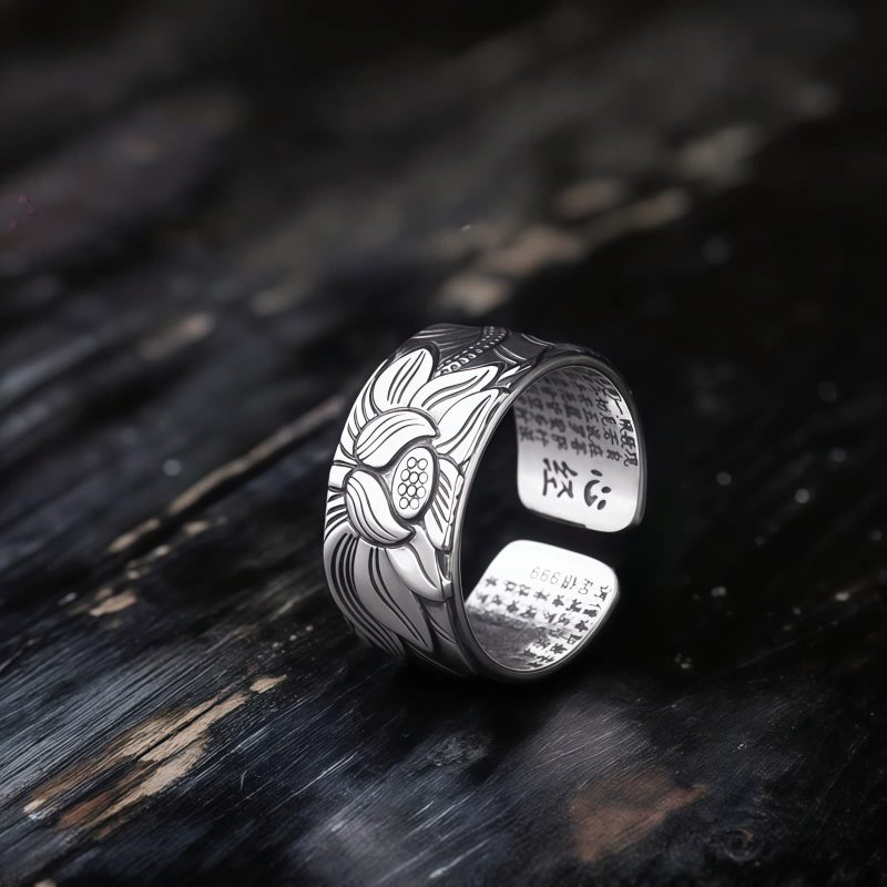 Tibetan White Copper Enlightenment Ring with Lotus Tibetan White Copper Enlightenment Ring with Lotus