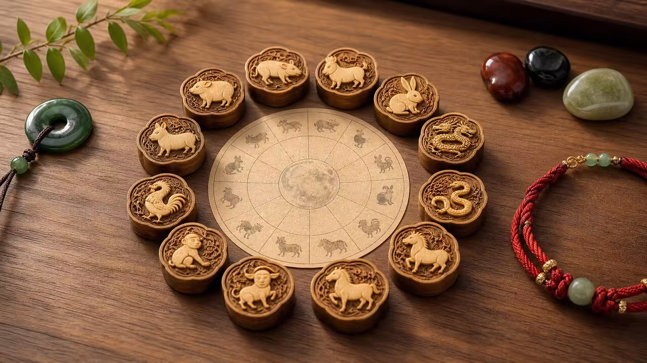 Twelve Chinese Zodiac Animals Cycle Twelve Chinese zodiac animal tokens arranged in a circle with jade and red cord bracelet accents