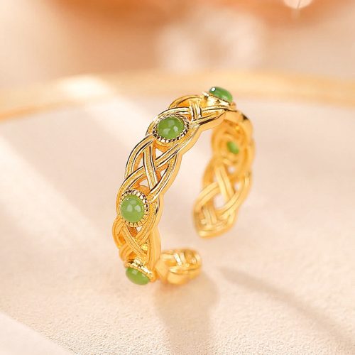 925 Silver Plated Gold Cyan Jade Adjustable Ring