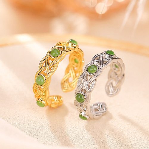 925 Silver Plated Gold Cyan Jade Adjustable Ring