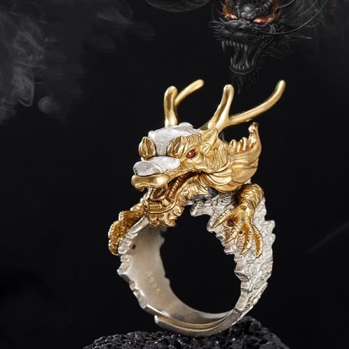 925 Silver Dragon Luck Adjustable Ring Pendant