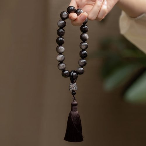 Natural Silver Sheen Obsidian Lion Wrist Mala