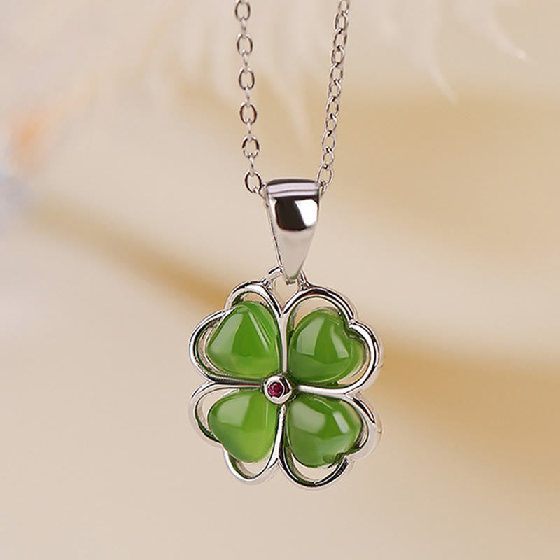 Sterling Silver Hetian Jade Clover Pendant Necklace