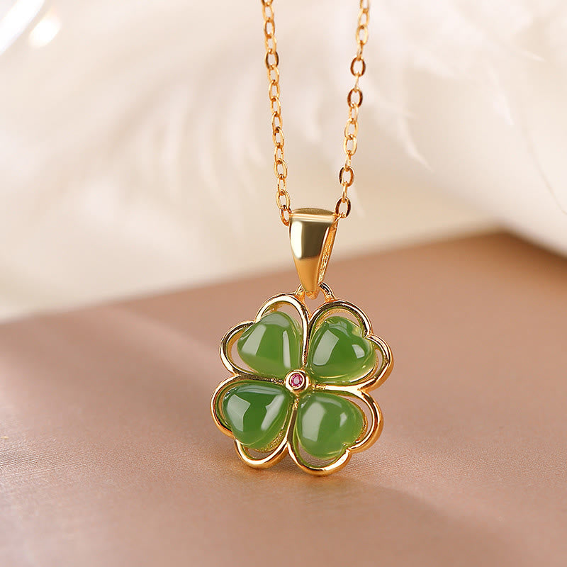 Sterling Silver Hetian Jade Clover Pendant Necklace