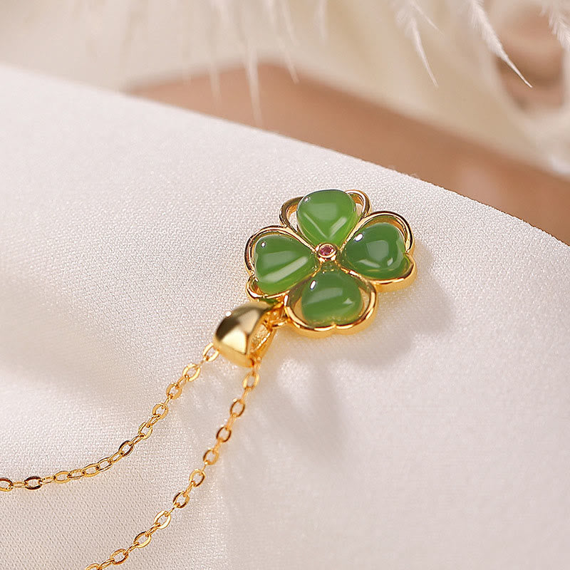 Sterling Silver Hetian Jade Clover Pendant Necklace