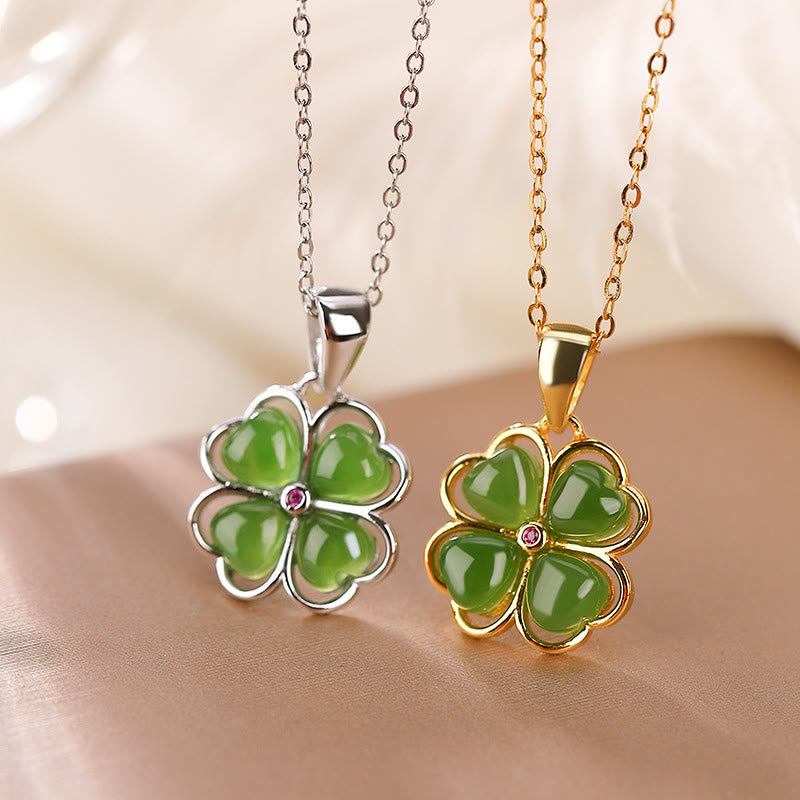 Sterling Silver Hetian Jade Clover Pendant Necklace