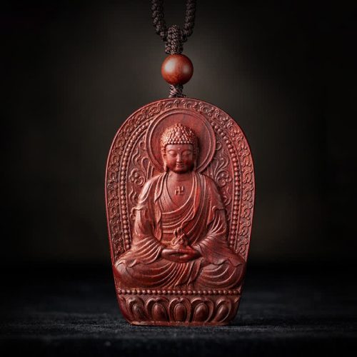 Small Leaf Red Sandalwood Zodiac Buddha Pendant Necklace