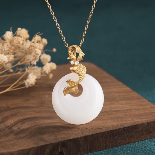 White Jade Koi Fish Wealth Pendant Necklace