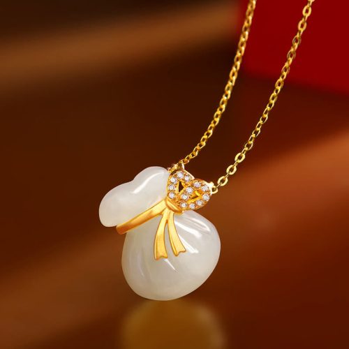 Natural Hetian White Jade Lucky Money Bag Pendant Necklace
