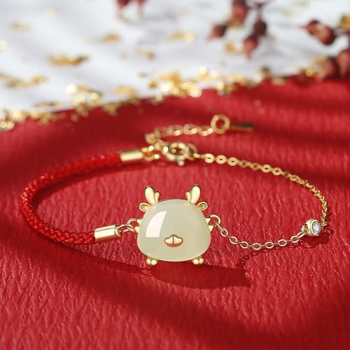 925 Silver Dragon Protection Bracelet with Hetian Jade and Red Agate