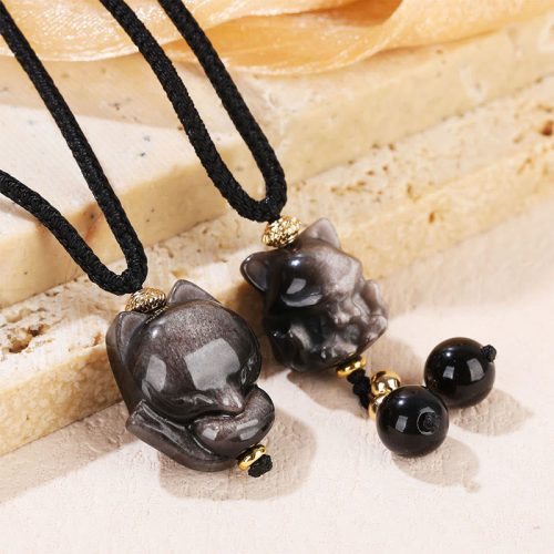 Natural Silver Sheen Obsidian Nine Tailed Fox Pendant Necklace