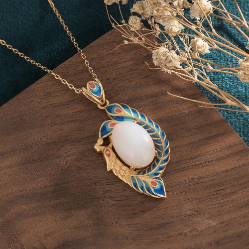 White Jade Peacock Copper Pendant Necklace
