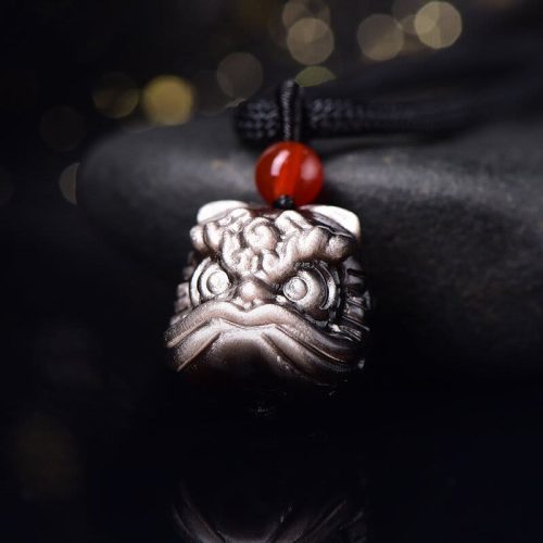 Natural Silver Sheen Obsidian Lion Pendant Necklace