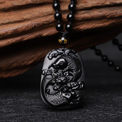 Natural Black Obsidian Koi Fish Pendant Necklace