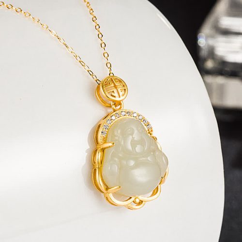 Tibetan White Jade Laughing Buddha Pendant Necklace