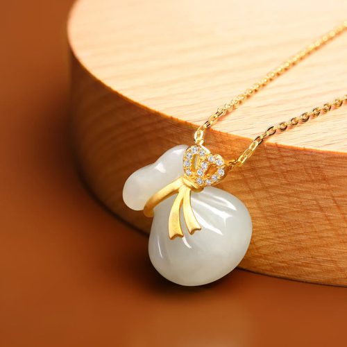 Natural Hetian White Jade Lucky Money Bag Pendant Necklace
