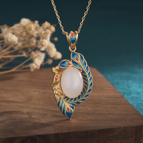White Jade Peacock Copper Pendant Necklace