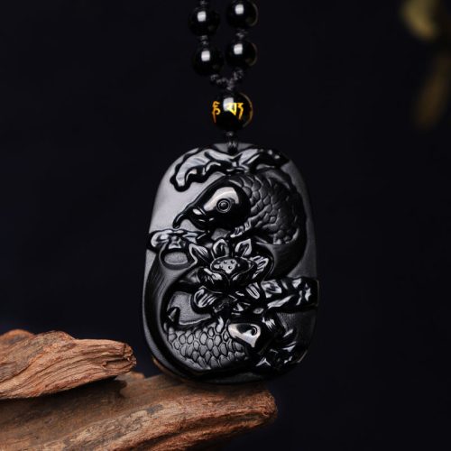 Natural Black Obsidian Koi Fish Pendant Necklace