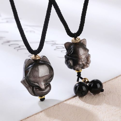 Natural Silver Sheen Obsidian Nine Tailed Fox Pendant Necklace