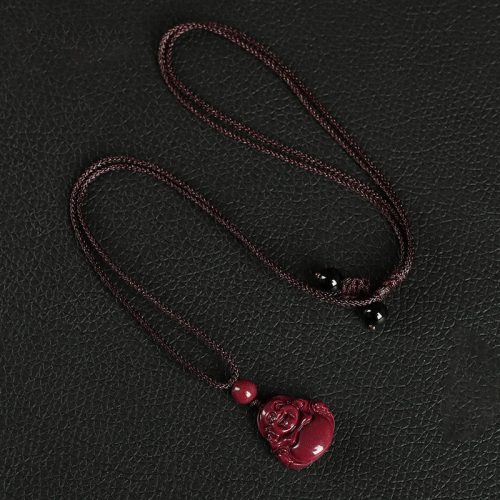Chinese Cinnabar Laughing Buddha Pendant Necklace