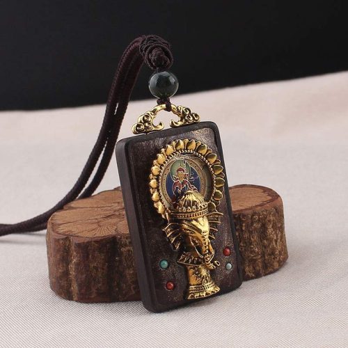 Ebony Wood God of Fortune Pendant Necklace