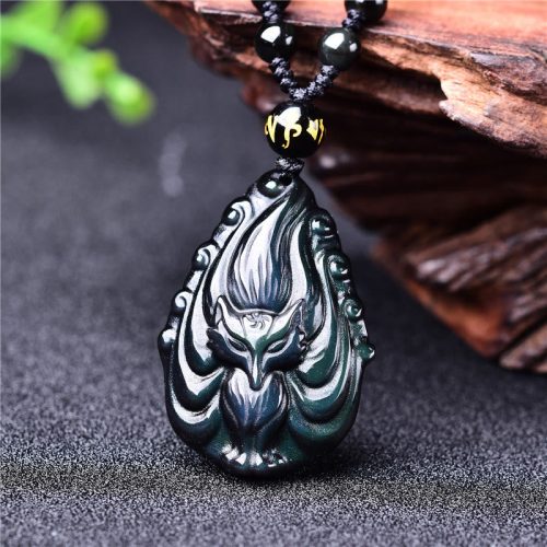 Rainbow Obsidian Nine Tailed Fox Amulet Necklace