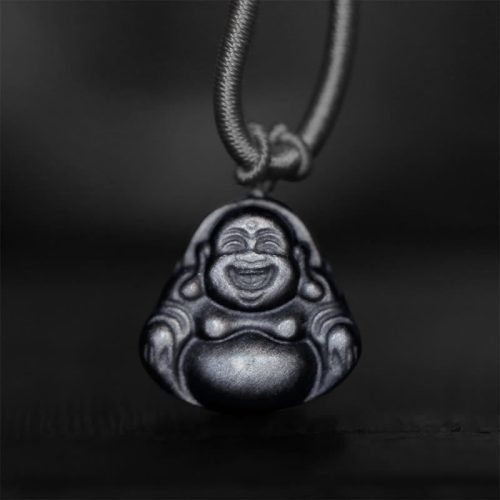 Natural Silver Sheen Obsidian Laughing Buddha Pendant Necklace