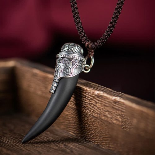 925 Silver Black Obsidian Wolf Tooth Necklace